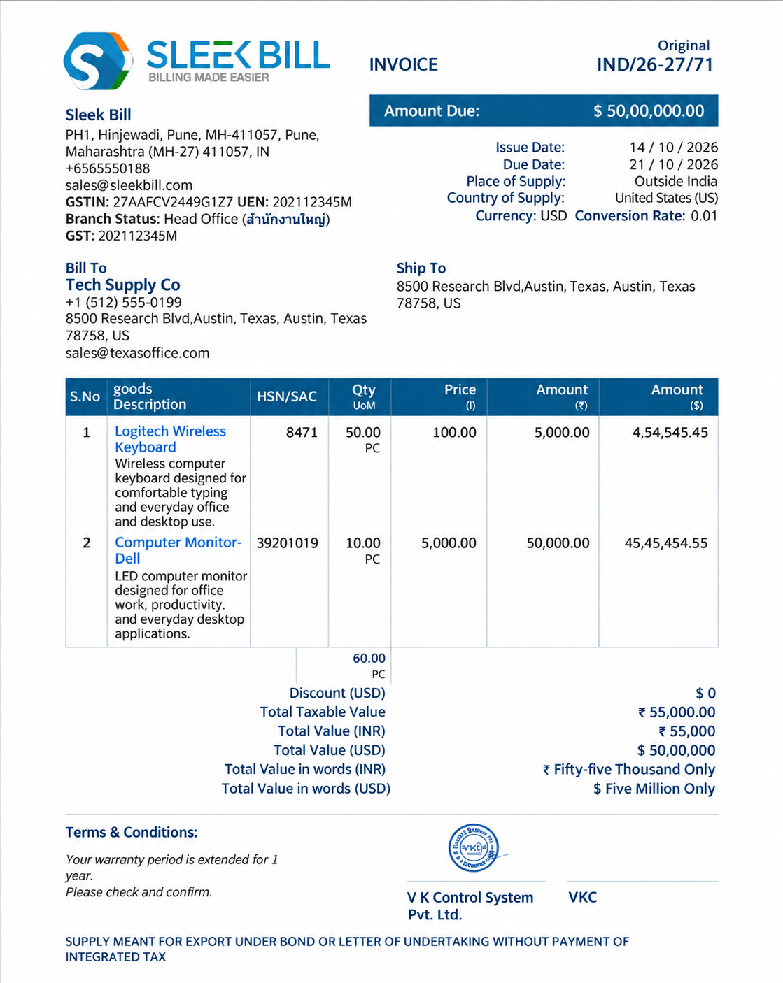 Multi-currency invoice template in Sleek Bill billing software