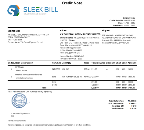 Sleek Bill Credit Note