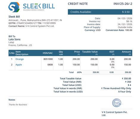 Sleek Bill Credit Note