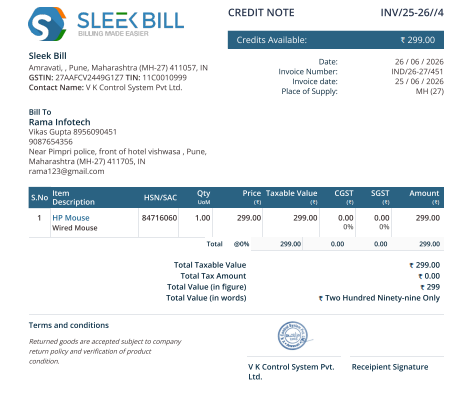 Sleek Bill Credit Note