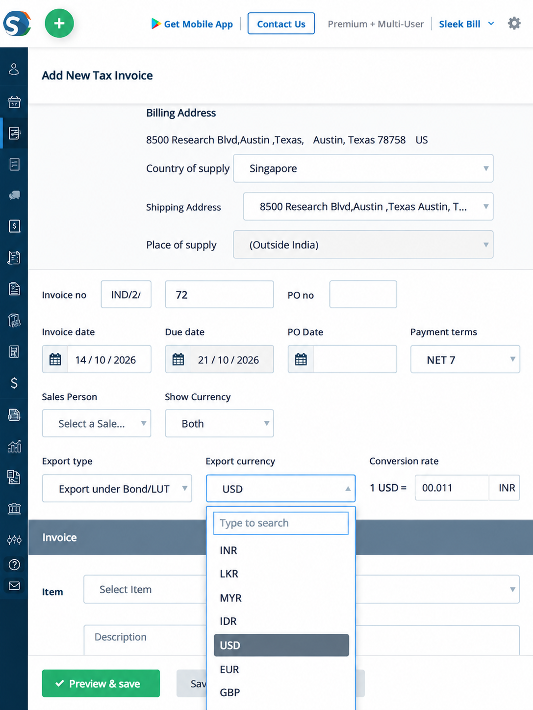 Global currency support in Sleek Bill invoicing software