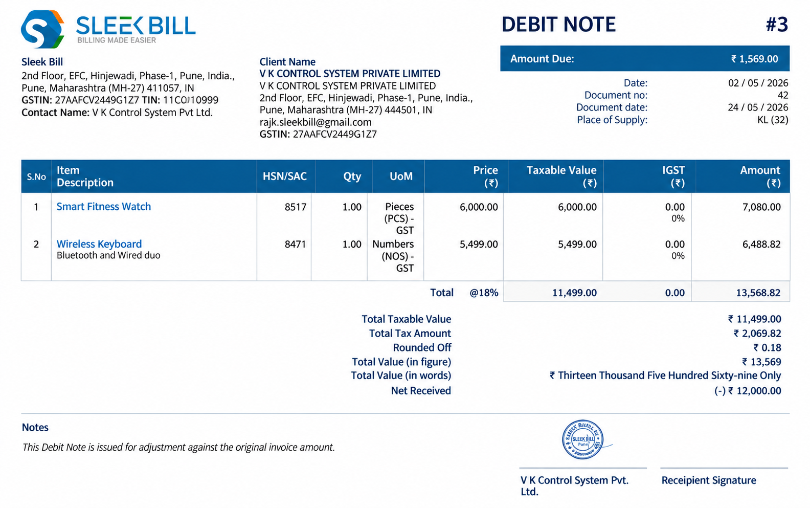 Debit Note Format