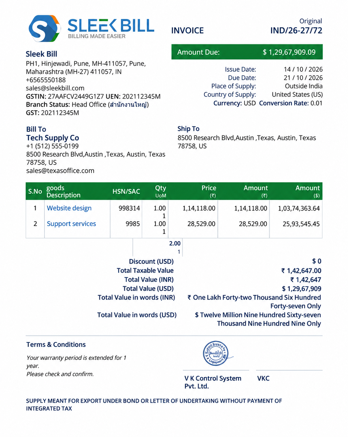 Multi-currency service invoice template in Sleek Bill